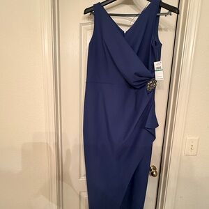 Alex Evenings Asymmetrical Navy Dress with Brooch